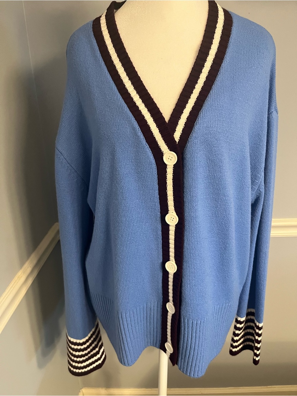 French Connection Light Blue Button Cardigan with burgundy& white trim